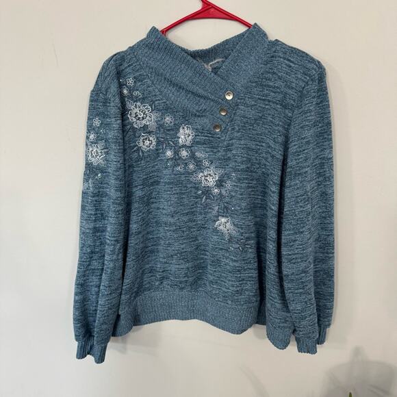 Alfred Dunner Blue Floral Embroidered Short Cowl Neck Sweater Plus Size 1X - Picture 1 of 7
